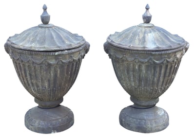 (2) NEOCLASSICAL CAST IRON FLUTED GARDEN URNS & COVERS