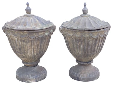 (2) NEOCLASSICAL CAST IRON FLUTED GARDEN URNS & COVERS