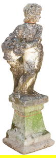CAST STONE FOUR SEASONS ALLEGORICAL GARDEN STATUE ON PLINTH, AUTUMN: Cast stone garden statue, Autumn, modeled as an child from the Allegory of the Four Seasons, holding basket with grape harvest,&nbsp;rising on square plinth base, statue:&nbsp;approx 30&quot;h, 9.5&qu