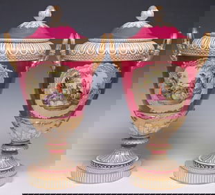 (2) LARGE KPM PARCEL-GILT HAND-PAINTED PORCELAIN 'WEIMAR' URNS WITH COVERS