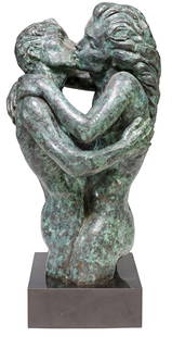 CHARLES UMLAUF (1911-1994) BRONZE SCULPTURE, THE LOVER'S KISS: Patinated bronze sculpture, The Lover's Kiss, signed at base C. Umlauf (Charles Umlauf, American, active in Austin, Texas, 1911-1994), on integral slate plinth, minute chips to slate base at one edge,