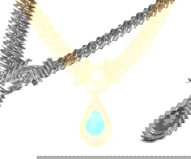 ESTATE 14KT GOLD EMERALD & 0.15CT DIAMOND PENDANT NECKLACE: Estate 14kt yellow gold pendant necklace, 5 mm flat herringbone chain, centering a pendant with a solitaire diamond, approx 0.15ct, color: I, clarity: I1, pear-shaped emerald drop, approx 0.78ct, lobs