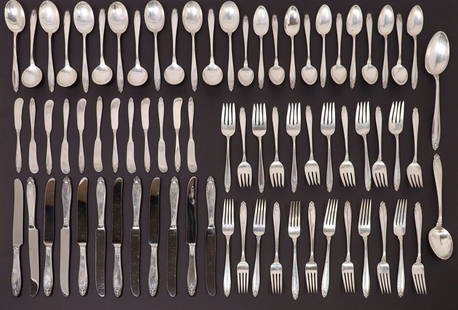 (75) INTERNATIONAL 'PRELUDE' STERLING SILVER FLATWARE SERVICE: (lot of 75) American sterling silver flatware service, International, in the &quot;Prelude&quot; pattern, service for twelve, including: (12) hollow handle knives, 9 1/8&quot;l, (12) flat handle butte