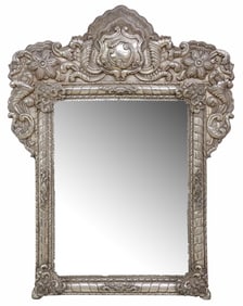 SPANISH COLONIAL STYLE STERLING-CLAD REPOUSSE WALL MIRROR, 41" X 31.5"