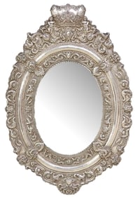 SPANISH COLONIAL STYLE STERLING-CLAD REPOUSSE OVAL MIRROR, 35" X 23.5"