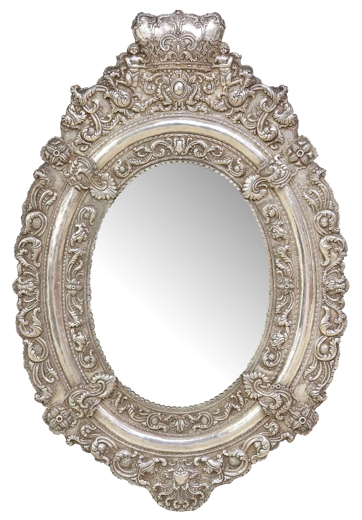 SPANISH COLONIAL STYLE STERLING-CLAD REPOUSSE OVAL MIRROR, 35" X 23.5" (1 of 4)
