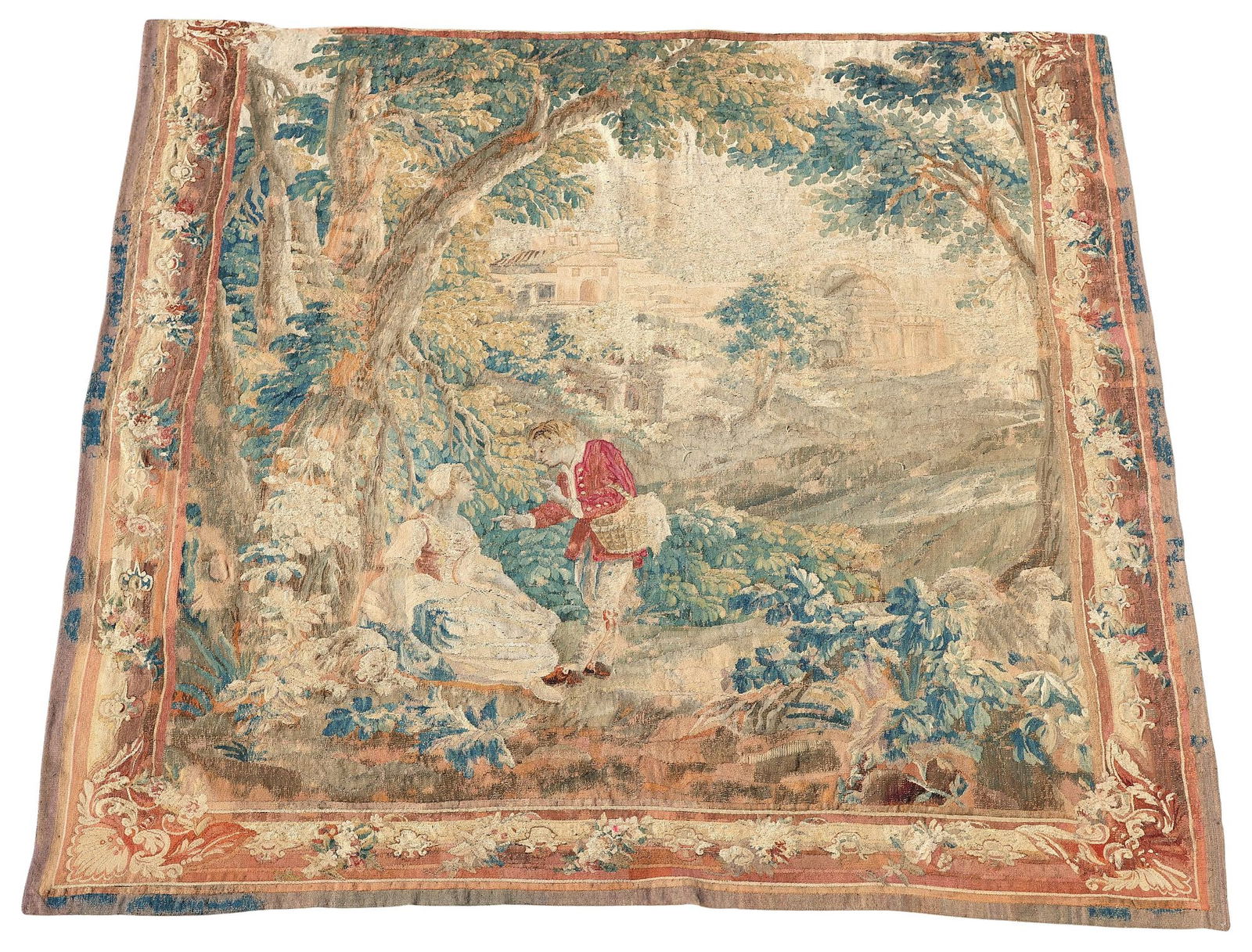 AUBUSSON PASTORAL TAPESTRY, 18TH C., 103" X 95" (1 of 3)