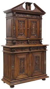 FRENCH RENAISSANCE REVIVAL MARBLE-INLAID CARVED WALNUT CUPBOARD: French Renaissance Revival carved walnut credence cupboard, 19th c., having split pediment crest centering niche crest flanked by columns, above paneled case with inset marble plaques and ebonized str