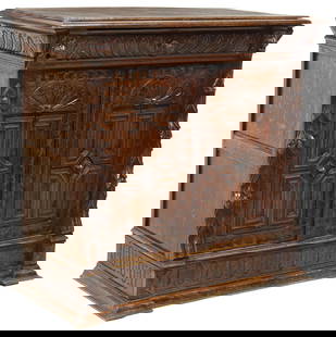 FLEMISH RENAISSANCE REVIVAL CARVED OAK CUPBOARD: Flemish Renaissance Revival carved oak cabinet, late 19th c., gadrooned frieze with a single drawer, above a pair of paneled cabinet doors enclosing a shelf, on a stepped molded plinth, approx 41.5&qu