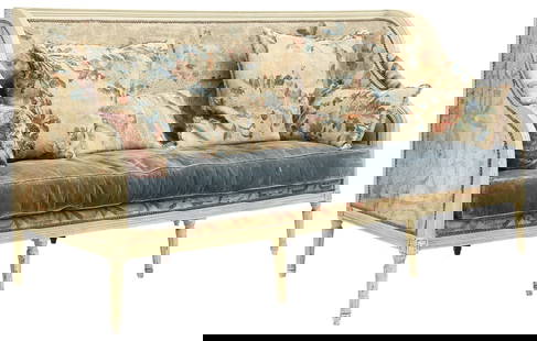 FRENCH LOUIS XVI STYLE TAPESTRY-UPHOLSTERED SOFA: French Louis XVI style sofa, 19th c., cream-painted frame, padded back, arms and sides&nbsp;covered in close-nailed 18th century woven tapestry, blue mohair-covered bench seat cushion, on tapering flu