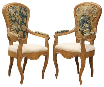(2) LOUIS XV PERIOD TAPESTRY-UPHOLSTERED FRUITWOOD FAUTEUILS