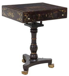 CHINESE EXPORT PARCEL-GILT BLACK LACQUER LIFT-TOP GAMES TABLE: Chinese export black lacquered&nbsp;games table,&nbsp;19th c., a border of gilt&nbsp;butterflies and vines, center the removable lift-top&nbsp;painted with figures seated at a table&nbsp;playing games