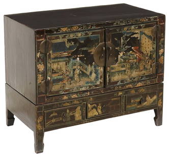 CHINESE EXPORT BLACK LACQUERED & POLYCHROMED ALTAR CABINET: Chinese Export black lacquered altar cabinet, rectangular frame with dual cabinet doors, revealing open interior, above three exterior drawers, decorated with figural courtyard scenes and polychrome f
