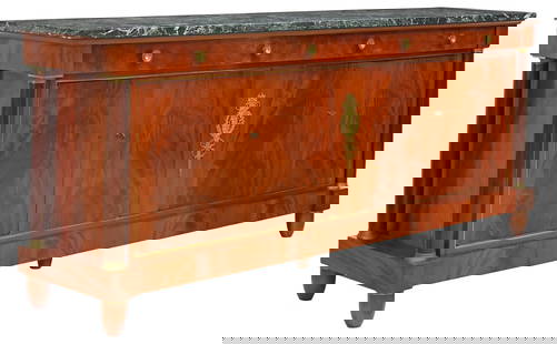 FRENCH EMPIRE STYLE MARBLE-TOP MAHOGANY SIDEBOARD: French Empire style marble-top mahogany sideboard, 20th c., four projecting frieze drawers, two pairs of cabinet doors, each enclosing an adjustable-height shelf, framed by turned columns, approx 41&q