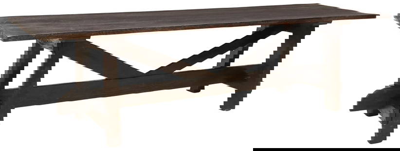 MONUMENTAL OAK REFECTORY TRESTLE TABLE, 115"L: Large Continental oak refectory/ monastery table, early 20th c., having rectangular plank top comprised of three boards, rising on squared trestle base, joined by cross stretcher, approx 31.75&quot;h,