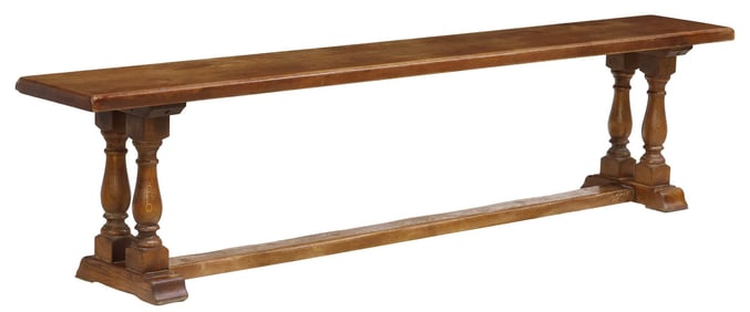 FRENCH PROVINCIAL OAK PLANK-SEAT BENCH, 79"L