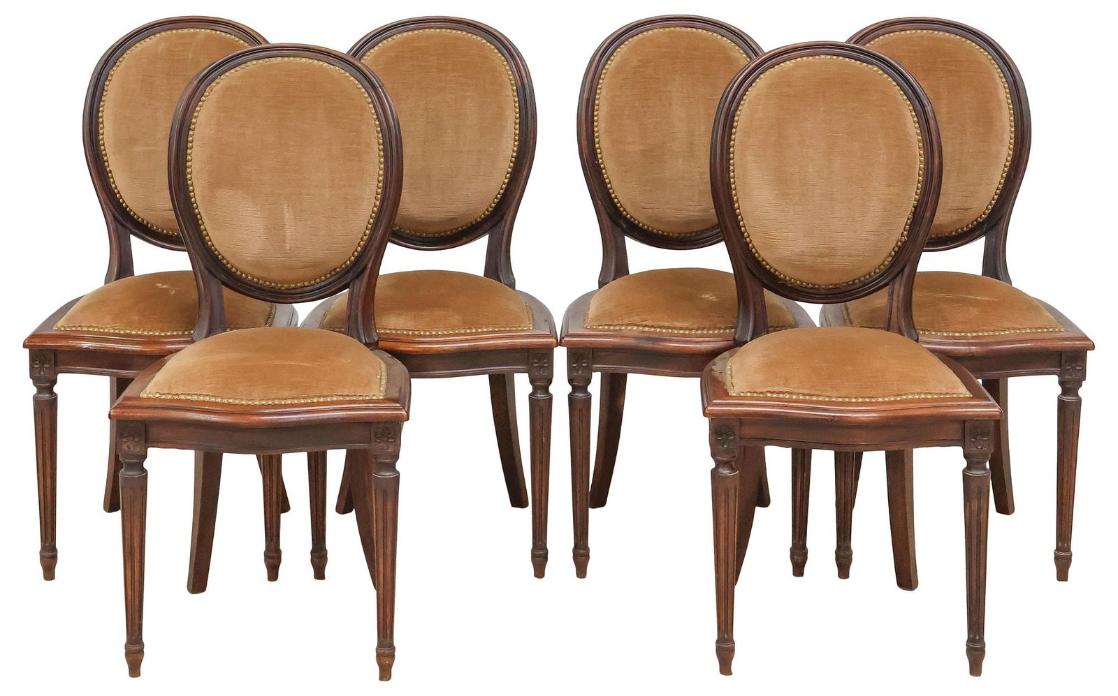 (6) FRENCH LOUIS XVI STYLE CARVED DINING CHAIRS: (lot of 6) French Louis XVI style dining chairs, 20th c., each with padded oval medallion back and shield-form seat in taupe fabric upholstery, with nail-head trim, rising on front fluted tapering&nbs