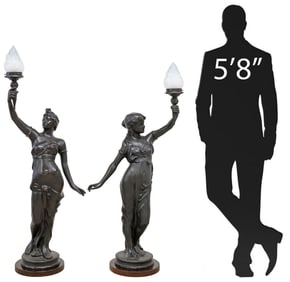 (2) LARGE PATINATED BRONZE FIGURAL DRAPED FEMALE 1-LT TORCHERES, 61"H