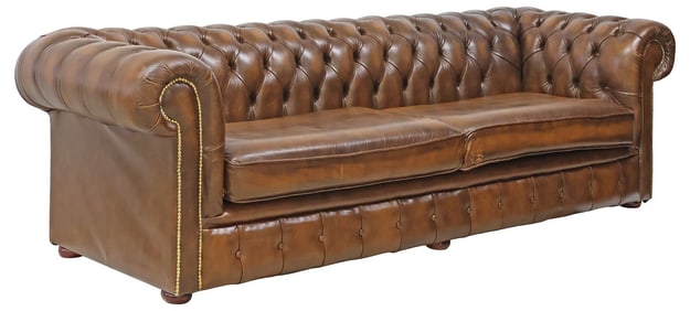 LARGE ENGLISH BUTTONED BROWN LEATHER CHESTERFIELD SOFA