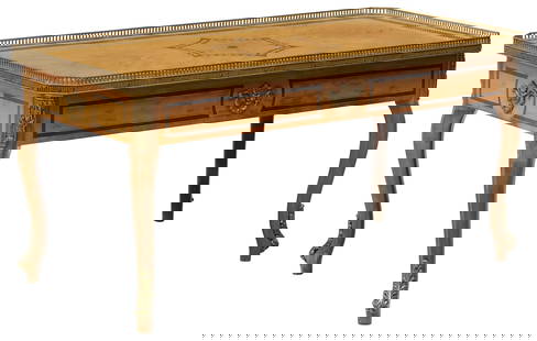 LOUIS XV STYLE RECTANGULAR MARQUETRY COFFEE TABLE: Louis XV style marquetry coffee table, 20th c., having canted rectangular top with pierced gilt metal gallery, inlaid foliate scrollwork and wreath motifs, rising on cabriole legs, ending on sabots, a