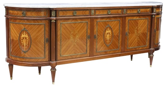 FRENCH LOUIS XVI STYLE MARBLE-TOP LACQUERED MARQUETRY SIDEBOARD