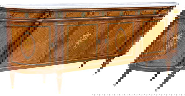 FRENCH LOUIS XVI STYLE MARBLE-TOP LACQUERED MARQUETRY SIDEBOARD: French Louis XVI style matched veneer demilune sideboard, 20th c.,&nbsp;shaped marble top, above conforming case with protruding corner posts,&nbsp;fitted with five drawers, above five cabinet doors,