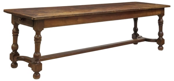 FRENCH PROVINCIAL WALNUT FARMHOUSE TABLE, 19TH C., 106.5"L