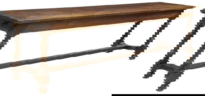 FRENCH PROVINCIAL WALNUT FARMHOUSE TABLE, 19TH C., 106.5"L: French Provincial walnut farmhouse table, 19th c., pegged joinery, having rectangular plank top, apron fitted with drawer at either end, rising on turned supports, joined by curved H stretcher, ending