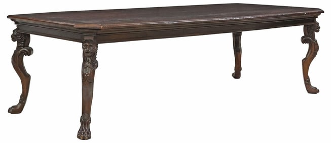 LARGE BRAZILIAN RENAISSANCE STYLE CARVED HARDWOOD DINING TABLE, 110"L