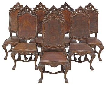 (8) BRAZILIAN RENAISSANCE STYLE CARVED HARDWOOD & LEATHER DINING CHAIRS