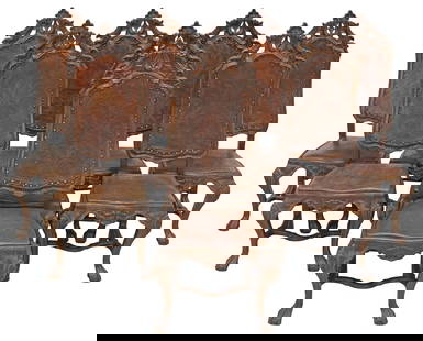 (8) BRAZILIAN RENAISSANCE STYLE CARVED HARDWOOD & LEATHER DINING CHAIRS: (lot of 8) Renaissance style carved hardwood dining chairs, Brazil, 20th c., fashioned from reclaimed&nbsp;wood, each having pierced crest with fanned shell motif, above shaped back and seat, in toole