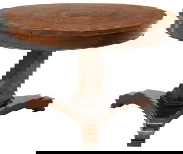 ITALIAN FINELY INLAID PARQUETRY PEDESTAL TABLE: Italian inlaid walnut center table, 19th c., round top with intricate checkered parquetry design, centering large sun motif with incised facial features, waisted standard with fine floral marquet