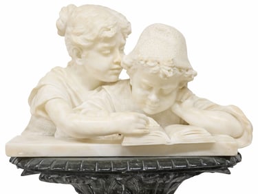 LARGE C. SCHEGGI & FRATELLI ALABASTER CHILDREN SCULPTURE ON MARBLE PEDESTAL