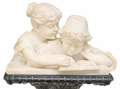 LARGE C. SCHEGGI & FRATELLI ALABASTER CHILDREN SCULPTURE ON MARBLE PEDESTAL: Carved alabaster sculpture, Children Reading, signed at side C. Scheggi e Fratellini (Cesare Scheggi, Italian, 1833-1876), inscribed "Settignano Firenze" below signature, depicting a young girl teachi