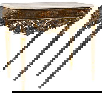 NEOCLASSICAL MARBLE-TOP GILTWOOD CONSOLE TABLE: Neoclassical giltwood console table, 19th c., shaped marble top with molded edge, carved and pierced frieze centered by a shell, on tapering fluted legs, approx 34.5&quot;h, 38.25&quot;w, 24&quot;d