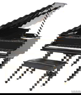 (2) WURLITZER MODEL G-452 EBONIZED BABY GRAND PIANO WITH BENCH: (lot of 2) Wurlitzer baby grand piano, manufactured by Young Chang, South Korea, model G-452, serial number 1720353, in an ebony finish, rising on tapered square legs, ending on casters, accompanied b