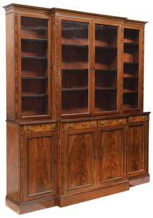 GILLOWS (ATTRIB) ENGLISH WILLIAM IV MAHOGANY DISPLAY BOOKCASE: English William IV mahogany breakfront display bookcase, attributed to Gillows, second quarter 19th c., having stepped cornice, above four glazed cabinet doors, revealing adjustable-height shelving, l
