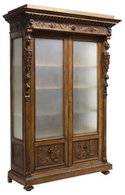 LARGE ITALIAN RENAISSANCE REVIVAL CARVED & GLAZED OAK BOOKCASE, 99.5"H