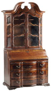 ITALIAN INLAID WALNUT BUREAU BOOKCASE, 18TH C.: Italian inlaid walnut bureau cabinet, 18th c., arched split pediment above a pair of glazed cabinet doors, slant-front enclosing a fitted interior gallery, serpentine base with three long drawers, on