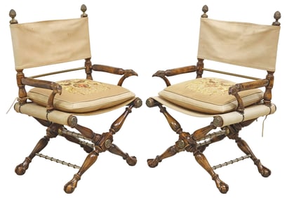 (2) MAITLAND-SMITH REGENCY STYLE LEATHER & WALNUT CURULE ARMCHAIRS