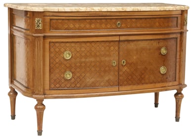 FRENCH LOUIS XVI STYLE MARBLE-TOP PARQUETRY BAR CABINET