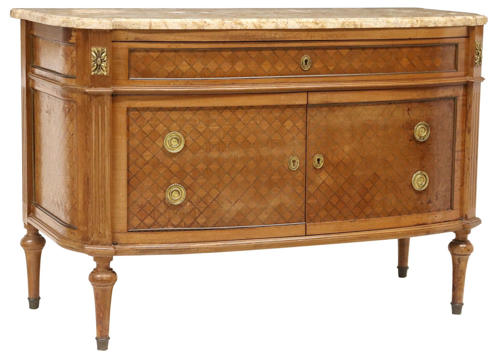 FRENCH LOUIS XVI STYLE MARBLE-TOP PARQUETRY BAR CABINET (1 of 6)