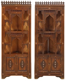 (2) SYRIAN MOTHER-OF-PEARL INLAID & CARVED CORNER CABINETS