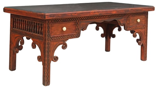 MOROCCAN CARVED RED LACQUER DESK, REPURPOSED ANTIQUE DOOR TABLETOP