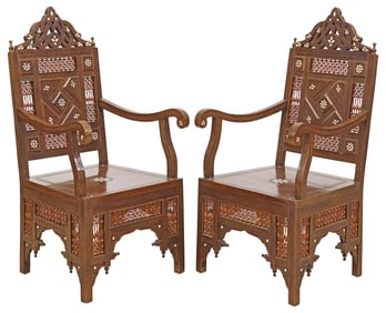 (2) SYRIAN CARVED & MOTHER-OF-PEARL INLAID ARMCHAIRS