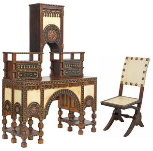 (2) MANNER OF CARLO BUGATTI PARCEL-EBONIZED & INLAID DESK & CHAIR: (lot of 2) Moroccan Moresque wood, parchment, and copper-clad&nbsp;secretaire/ writing desk and chair, in the manner of Carlo Bugatti (Italian, 1856-1940), 20th c., each mounted with pierced repousse