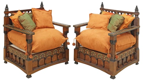 (2) MANNER OF CARLO BUGATTI PARCEL-EBONIZED & INLAID LOW ARMCHAIRS