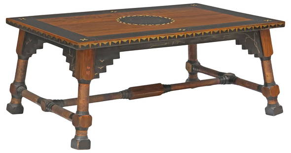 MANNER OF CARLO BUGATTI (1856-1940) MOORISH INLAID COFFEE TABLE: Moroccan Moresque parcel-ebonized and inlaid coffee table, in the manner of Carlo Bugatti (Italian, 1856-1940), 20th c., having rectangular top in an exotic wood veneer, with central floral roundel, e