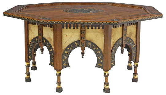 MANNER OF CARLO BUGATTI (1856-1940) MOORISH INLAID OCTAGONAL DINING TABLE: Moroccan Moresque inlaid wood octagonal dining table,&nbsp;in the manner of Carlo Bugatti (Italian, 1856-1940), 20th c., top with ebonized trim and central radiating roundel, rising on sculptural arch