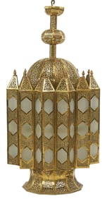 LARGE MOROCCAN BRASS & FROSTED GLASS 6-LT HANGING LANTERN